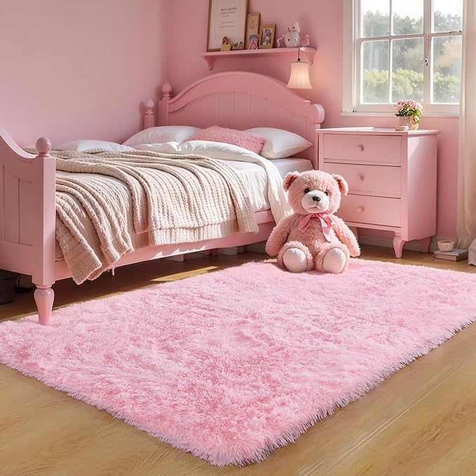 KCHOWUA Pink Fluffy Area Rug for Girls' Bedroom, 5'x8' Machine Washable Plush Pastel Shag Rug, Large Soft Furry Carpet for Living Room, Nursery, Kids' Room, or Dorm Décor