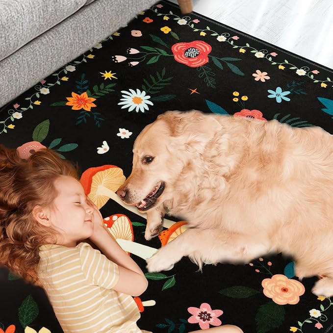 5x7 Machine Washable Area Rug, Non-Slip Vintage Floral Floor Rugs for Kids, Low Pile Room Carpet for Living Room, Bedroom, Dining Room & Nursery(5x7 Black Mushroom)