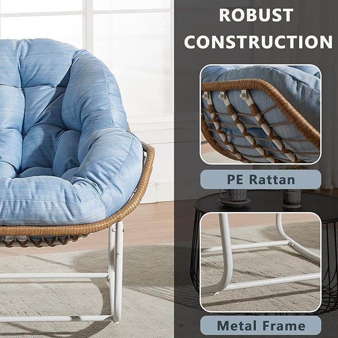 Oversized Outdoor Papasan Rocking Chair Set of 2 with Soft Cushion, Comfy Patio Egg Chair, Wicker Lounge Rocker for Balcony/Porch/Garden, Reinforced All Weather Rattan Frame, Sky Blue
