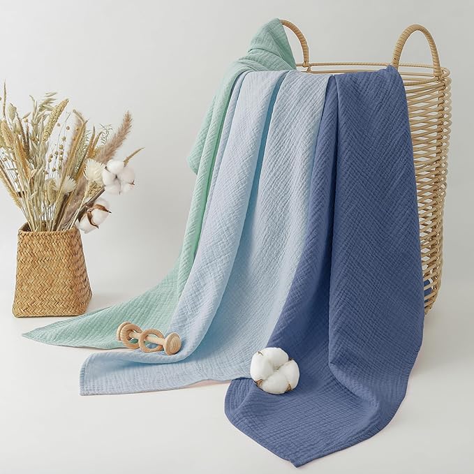Bearmoss Muslin Swaddle Blankets, 40 x 38 inches Baby Swaddle for Boys and Girls, Soft Baby Blanket, 3 Pack Breathable Nursery Receiving Blankets (Blue Green)