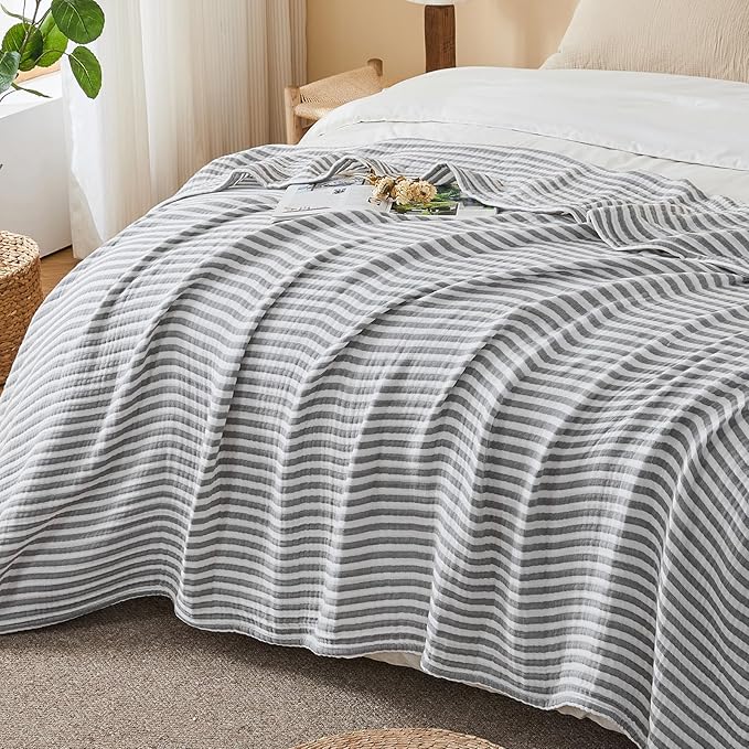 EMME Cotton Muslin Twin XL Blanket Breathable Gauze Soft Lightweight Adults Gifts for Women (Striped Grey, 66"x90")