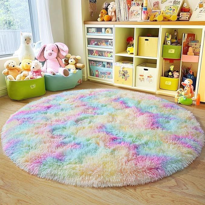 6‘x6’ Rainbow Round Rugs for Girls Bedroom, Ultra Soft Fluffy Circle Rug for Kids Room, Cute Shag Rugs for Living Room Playroom Tent Castle Home Decor Rug