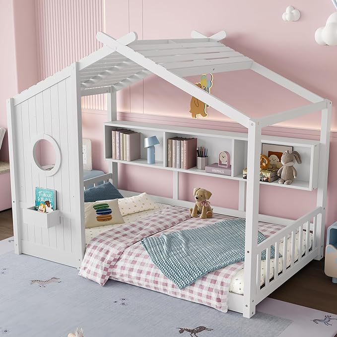 Twin Size Wooden Floor House Bed with Storage Shelf, Modern Design Kids Bed Frame with Roof and Window for Bedroom, Wood Slat Support, No Box Spring Needed, Easy Assembly (White)