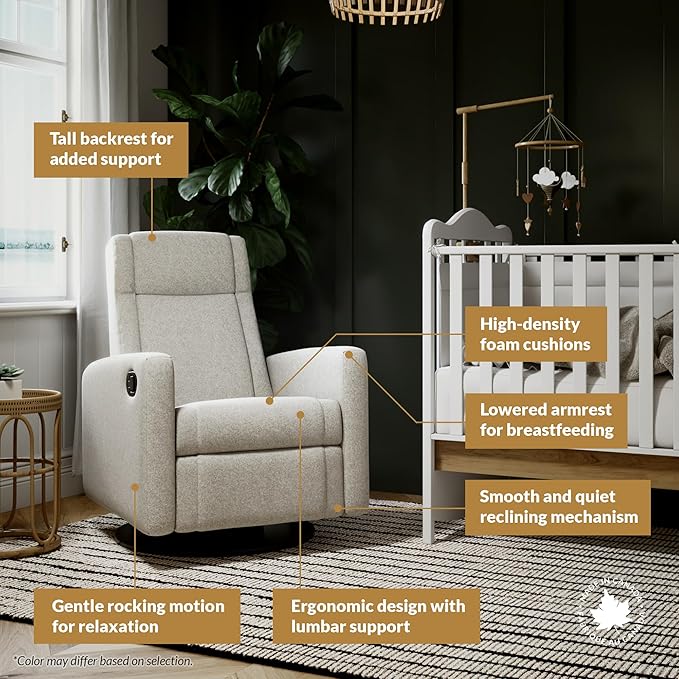 Jaymar Nelly Modern Nursery Glider Recliner Chair – Cozy Nursing Chair with 360° Swivel for New Parents, Gentle Motion, Compact Design, Lumbar Support – Made in Canada (Heather Grey/ARLO Fabric)