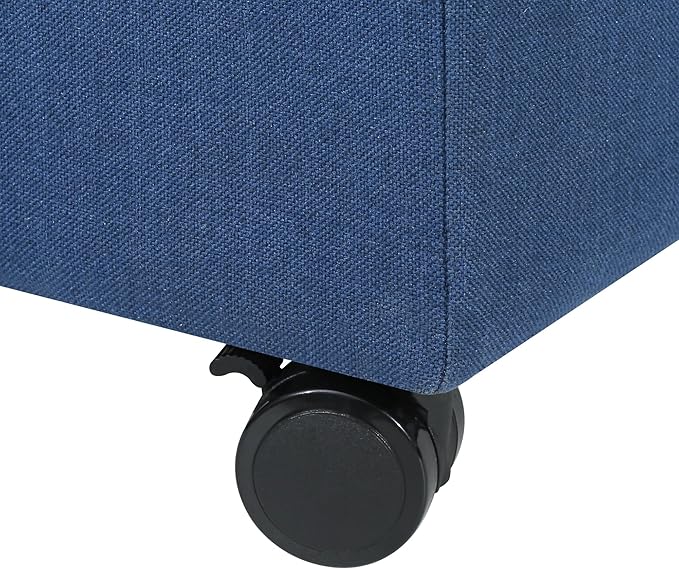 Adeco 17.5" Navy Blue Square Fabric Ottoman with Storage, Upholstered Cotton Linen Foot Rest, Flip Top Footstool, Small Cube Coffee Table Extra Seat for Living Room, Bedroom