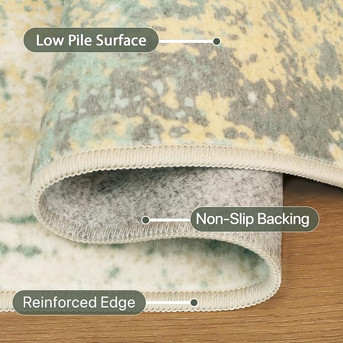 5x7 Area Rugs Washable Green Rug for Living Room Bedroom, Abstract Modern Large Rug Non Slip, Water Repellent Low Pile Soft Carpet for Dining Room, Grey Green