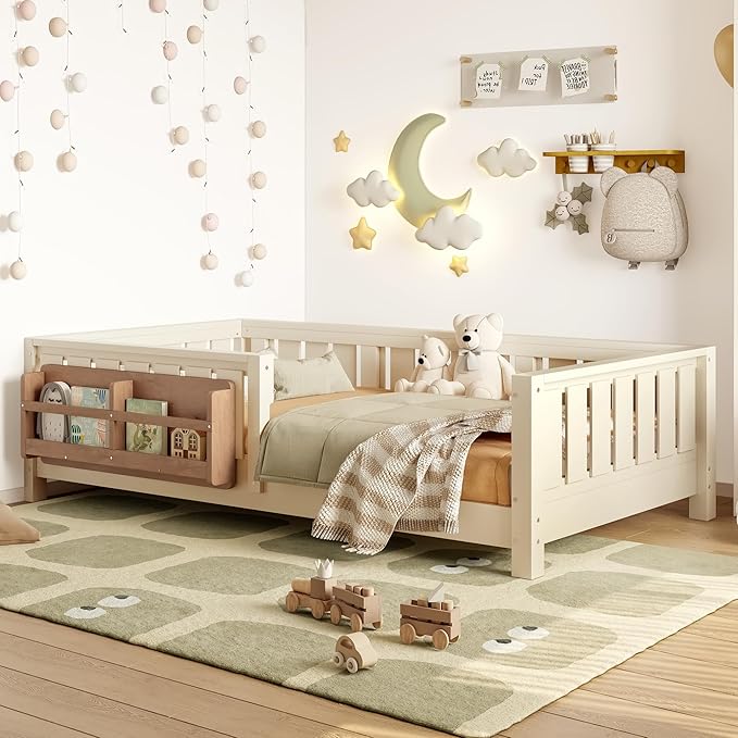Bellemave Twin Floor Bed with Slats and Safety Guardrail, Twin Size Montessori Floor Bed with Fence and Built-in Bookshelf, Easy Assemble Montessori Beds for Kids, Girls, Boys, Beige