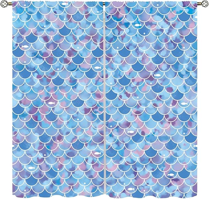 Mermaid Blackout Curtains, Kids Cartoon Blue and Pink Ocean Mermaid Scale Pattern Decoration for Girls Bedroom Nursery Curtains 52x84 Inch
