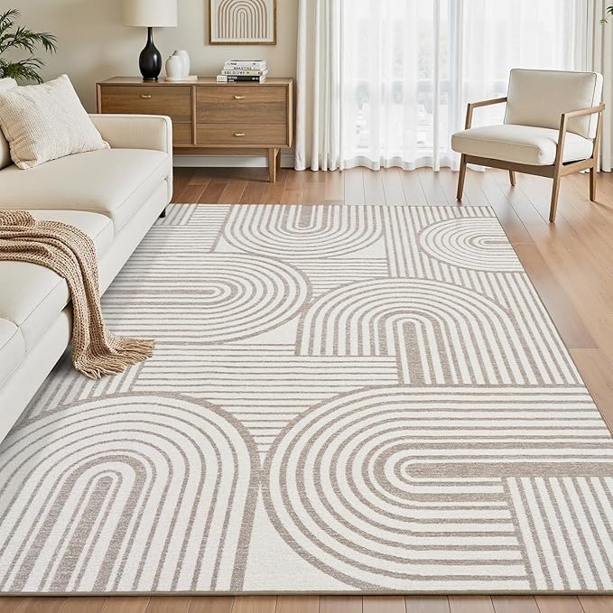 Modern 5x7 Area Rugs Textured Tufted Rugs for Living Room Bedroom Rug-Carpet Cream Ivory Washable Neutral Geometric Moroccan Boho Rug