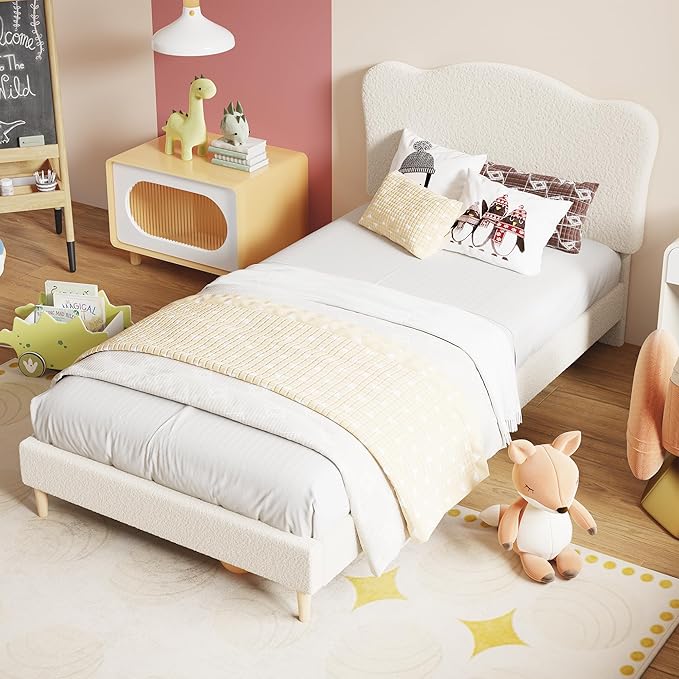GarveeHome Upholstered Twin XL Size Bed Frame for Kids with Scallop Headboard, Cute Velvet Twin XL Bed for Girls, Boys, Sturdy Platform Bed, No Box Spring Needed, Wooden Slats, Noise Free, White