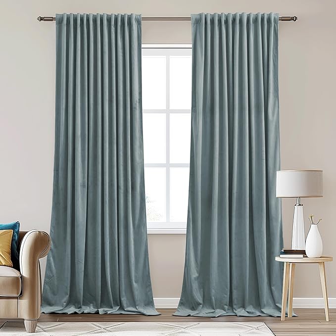 StangH Stone Blue Velvet Curtains 62x96 inches Back Tab Thermal Insulated Room Darkening Window Panels Privacy Heavy Room Dividers for Bedroom Office, W62 x L96, 2 Panels
