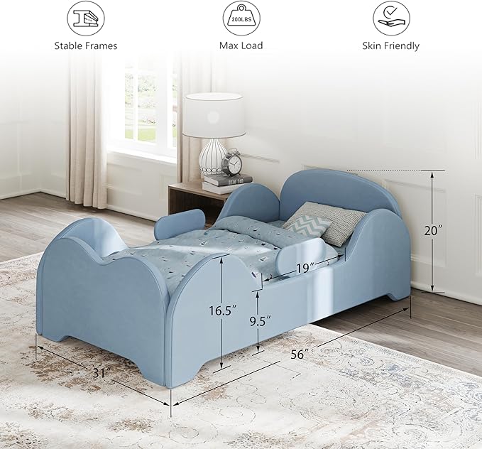 Toddler Bed, Toddler Flood Bed with Extra Safety Broad, Standard Crib Size for Kids, Certified Fabric Beds, Low to Floor Design (Blue)