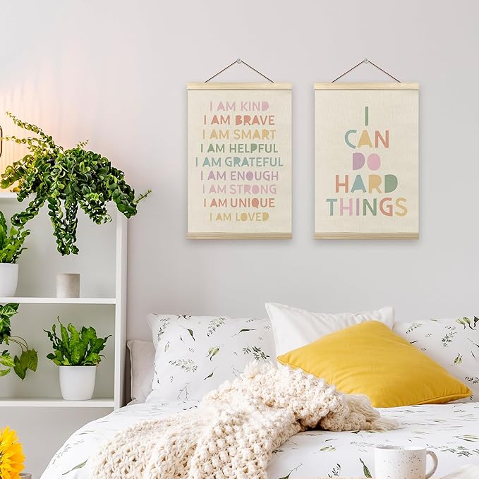Pastel Boho Kids Wall Art Decor, I Can Do Hard Things Positive Affirmations Poster Hanger Frame for Kids Room Bedroom Nursery Playroom Classroom Wall Decor, 12x16 Inch Set of 2