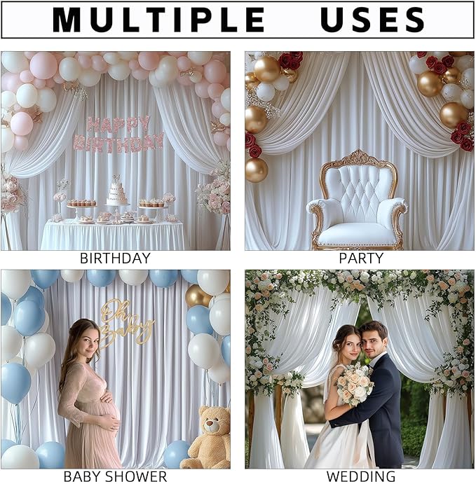 20x10FT White Backdrop Curtains for Wedding Parties, Wrinkle Free Photo Backdrop Curtains for Wedding Birthday Party Baby Shower, Fabric Drape with Rod Pockets 5ft x 10ft, 4 Panels