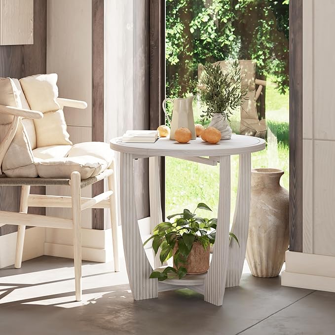 COZAYH Rustic Farmhouse end Table with Storage Shelf, French Country Accent Side Table for Family, Dinning or Living Room, Small Spaces, Modern, Round, White