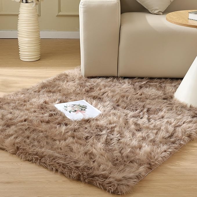 Beige Furry Washable Faux Sheepskin Fur Rug for Living Room Bedroom Fluffy Area Rug 4x6 Rectangle Rug Nursery Decor