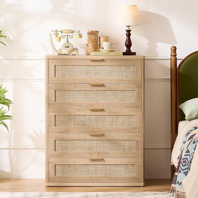 LEYAOYAO Rattan Dresser for Bedroom, 41" Tall Chest of Drawers, Modern 5 Drawers Boho Dressers with Storage, Light Oak Dresser Wooden Closet Organizer for Living Room, Hallway, Natural Wood