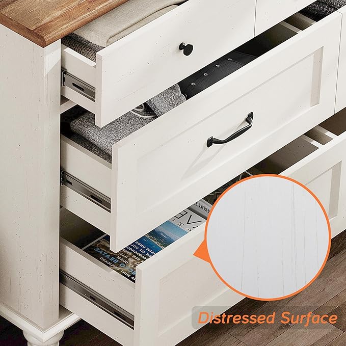 WAMPAT Kids Dresser with 7 Drawers for Bedroom, White Baby Dresser for Nursery & Kids Room, Mid Century Modern Chests & Dressers, Distressed Wide Dressers Organizer for Children’s Bedroom, 54 Inch