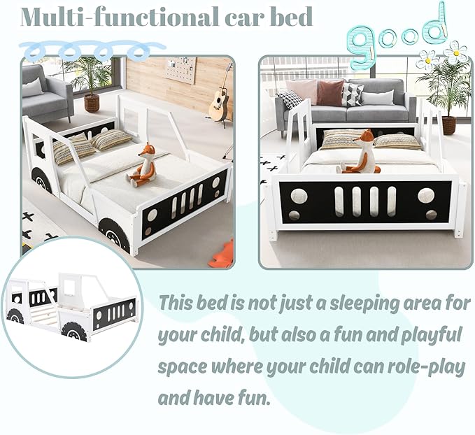 Full Size Car-Shaped Kids Bed with Headboard & Footboard and 4 Side Rails, Race Car Montessori Bed for Boys & Girls, White