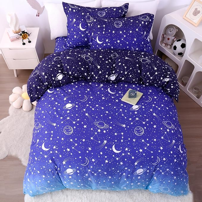 JSD Blue Stars Kids Duvet Cover Set Full Size, 3 Piece Boys Space Theme Microfiber Comforter Cover with Pillow Shams Zipper Closure, Comforter Not Included