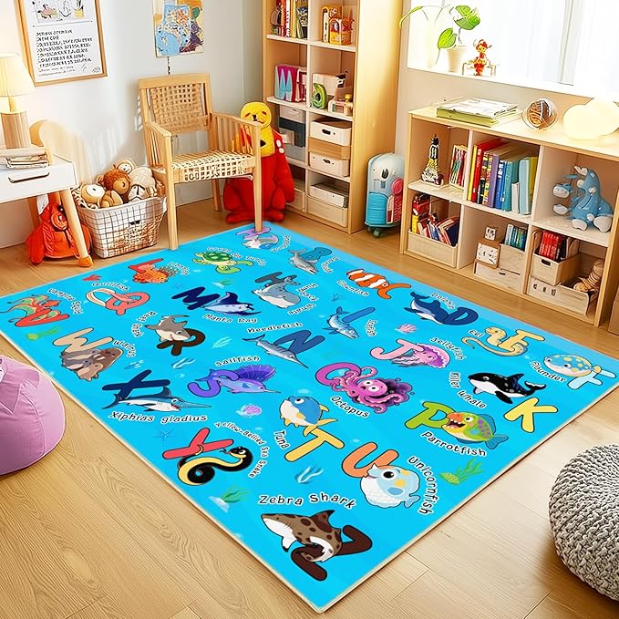 Kids Rugs for Playroom, 4x5 Ft Ocean Rug Baby Play Mat ABC Alphabet Rug Soft Machine Washable Non-Slip Educational Carpet for Classroom Toddler Nursery Kids Room Decor, Blue