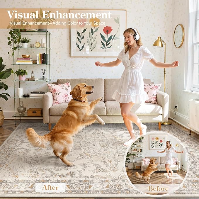 Wonnitar Washable Living Room Rugs, 8x10 Area Rugs for Room Decor, Beige Non Slip Ultra-Thin Soft Cozy Vintage Floral Distress Neutral Carpet for Bedroom Dining Room Farmhouse Playroom