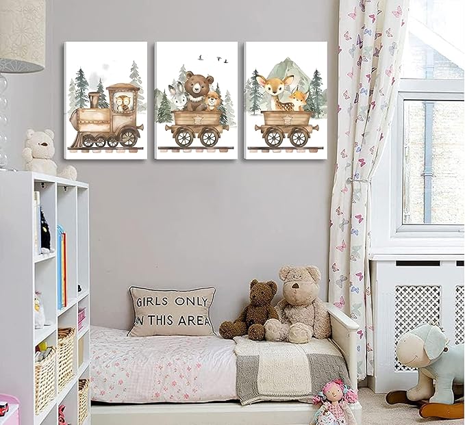 3Pcs Framed Woodland Animal Nursery Canvas Wall art Forest Wildlife Train Adventure Drawing Picture Wall Decor Fox Bear Deer Rabbit Owl Poster Printings for Boys Girls Room Home Decoration