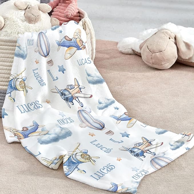 Custom Baby Crib Bedding Set - Toy Airplane Design Personalized Name Baby Nursery Bedding 3 Pcs Set - Chic Soft Blanket, Fitted Sheet, Room Rug for Newborns Boys Girls Gifts
