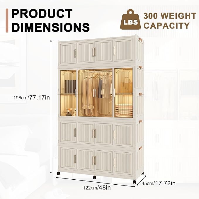 Portable Closet Wardrobe, Foldable Clothes Organizer with 17 Cubes Storage, Hanging Rods, Easy Assemble Clothing Organizer with Magnet Doors, Wardrobe Storage Cabinet for Kids,Baby,Adult