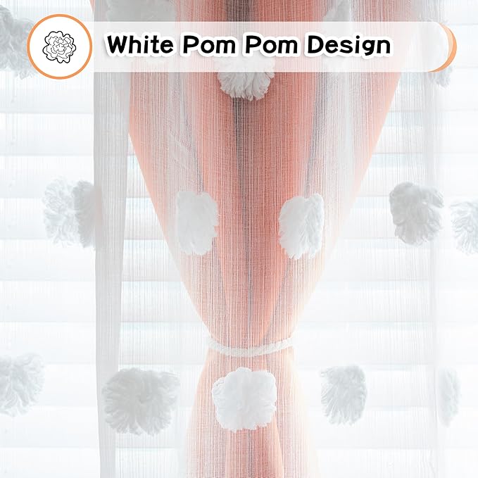 MYSKY HOME Orange Blackout Curtains for Living Room Girls Bedroom Double Layer Curtains Nursery Kids Room 84 Inch Long Curtains White Pom Pom Sheer Grommet Room Darkening Window Curtains, 52" x 84"
