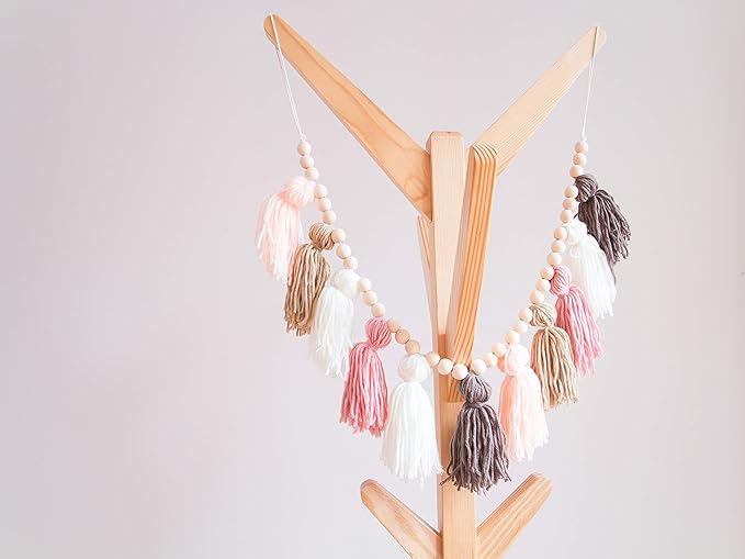 Decocove Tassel Garland - Boho Tassel Garland with Wood Beads - Wall Decor for Dorm, Girls Room and Nursery Room (36 inch) - Blush and Terra Cotta