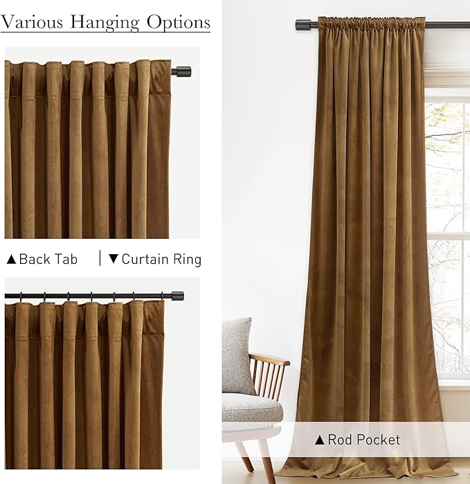StangH Velvet Curtains 108 inches Long - Retro Gold Brown Thermal Insulated Light Blocking Window Drapes for Living Room, Privacy Protect Room Dividers for Bedroom, W52 x L108, 2 Panels