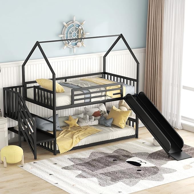 MERITLINE Metal Bunk Bed Twin Over Twin Bunk Bed Frame with Slide and Stairway,Twin Over House Bed with Guardrails