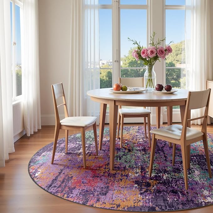 Washable Area Rugs 4ft Non-Slip Modern Abstract Soft for Living Room Entryway Bedroom Nursery, Print Pattern, Purple Orange Blue Green Rust Red Colorful