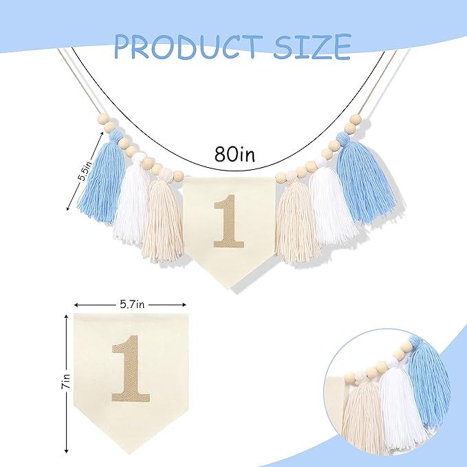 HGFC Embroidery Tassel High Chair Banner - Wood Bead 1st Birthday Banner,Sky Theme Party Decoration,Birthday Baby Boys Tassel Garland,Cake Smash Backdrop
