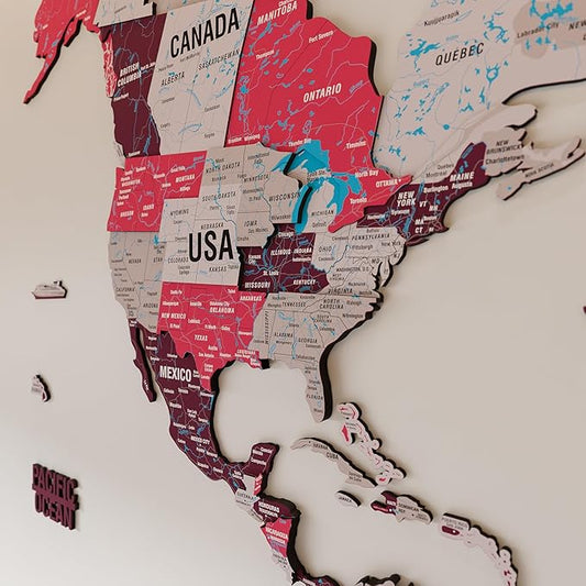 Colorfull Worlds 3D Wooden World Map Wall Art - Premium Multicolored World Travel Map for Wall Decor with Push Pins- Ideal Housewarming Gift & Travel Tracker (Medium, Crimson)
