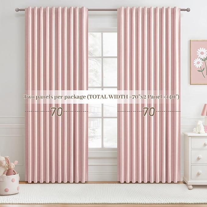 Cute Baby Pink Extra Wide Curtains 70 Inches Wide for Grils Bedroom 2 Panels Set,Heavy Duty Pleated 84 Inch Long Linen Blackout Sliding Door Large Window Thermal Privacy Drapes(70"Wx84"Lx2 BabyPink)