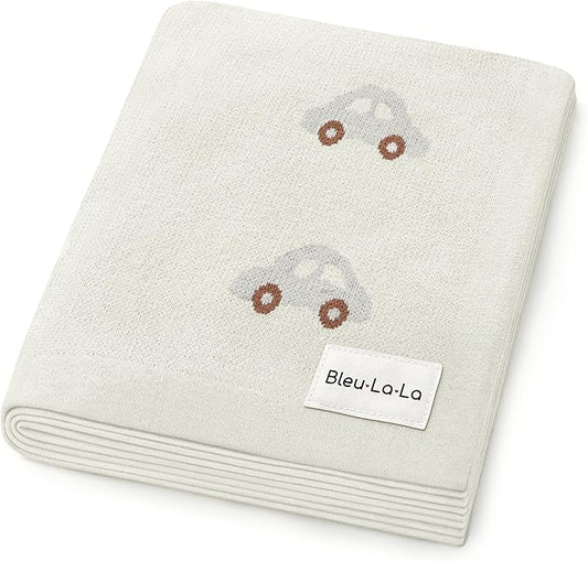 Knit Baby Blanket for Girls and Boys 100% Cotton Buttery Soft Cozy Receiving Swaddle Stroller Blanket for Shower Gift Registry for Newborns, Infants, Toddlers (Cars - Cream)