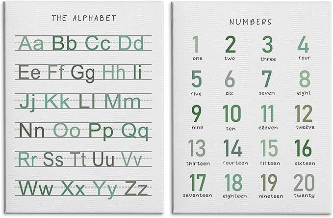 HRQKO Alphabet Numbers Nursery Canvas Wall Art Set of 2, Kids Room Decor Framed Art, Sage Green ABC Numbers Educational Posters Wall Decor for Classroom Toddler Nursery Bedroom Playroom, 11x14 inch