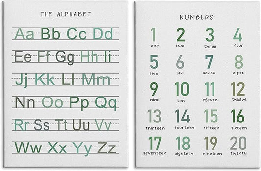 HRQKO Alphabet Numbers Nursery Canvas Wall Art Set of 2, Kids Room Decor Framed Art, Sage Green ABC Numbers Educational Posters Wall Decor for Classroom Toddler Nursery Bedroom Playroom, 11x14 inch