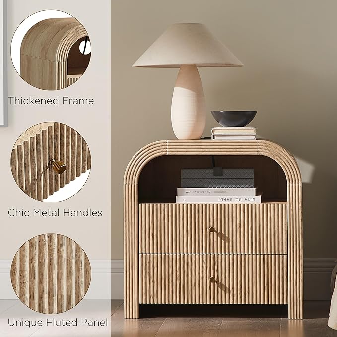 T4TREAM 24" Fluted Nightstand Set of 2, Large 2 Drawers Bedside Table with Charging Station, Modern End Table with Storage Night Stand for Bedroom, Living Room, Round Curved Corner Design, Natural Oak