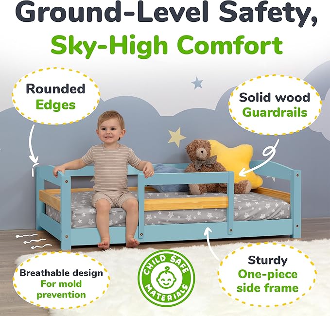 Ocodile Toddler Bed with Rails | Low Montessori Floor Bed Frame for Kids | Standard Crib Size Wooden Frame for Independent Toddlers 1-3 - Varnished