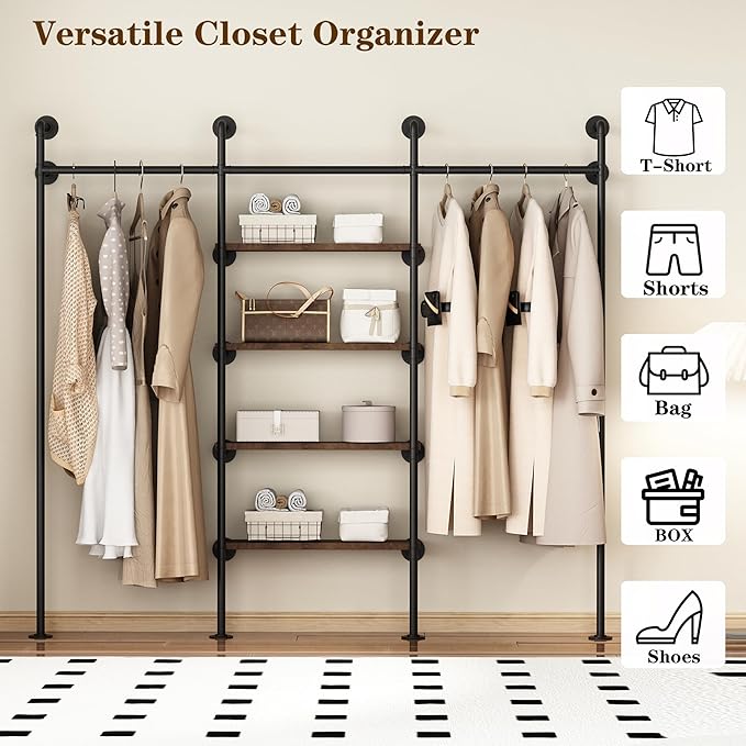 Industrial Pipe Clothes Rack,Wall Mounted Clothing Rack Wardrobe Multi-Purpose Storage Clothes Hanging Shelf-94.5''L Black