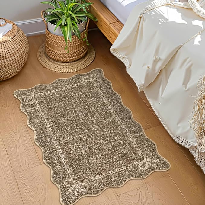 GarveeHome Scalloped Bow Rug for Kitchen Floor, Solid Brown Rug for Dorm, Washable Entryway Rugs 2x3 Soft Low Pile Non Slip Scalloped Rugs for Nursery Bedroom Decor Hallway