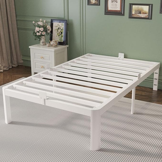 14 Inch Twin Bed Frames with Metal Gaskets, White Bed Frame Twin Size No Box Spring Needed, Heavy Duty Steel Platform Supprt, Rounded Corner Legs, Reserved Holes, Noise Free, Storage Space