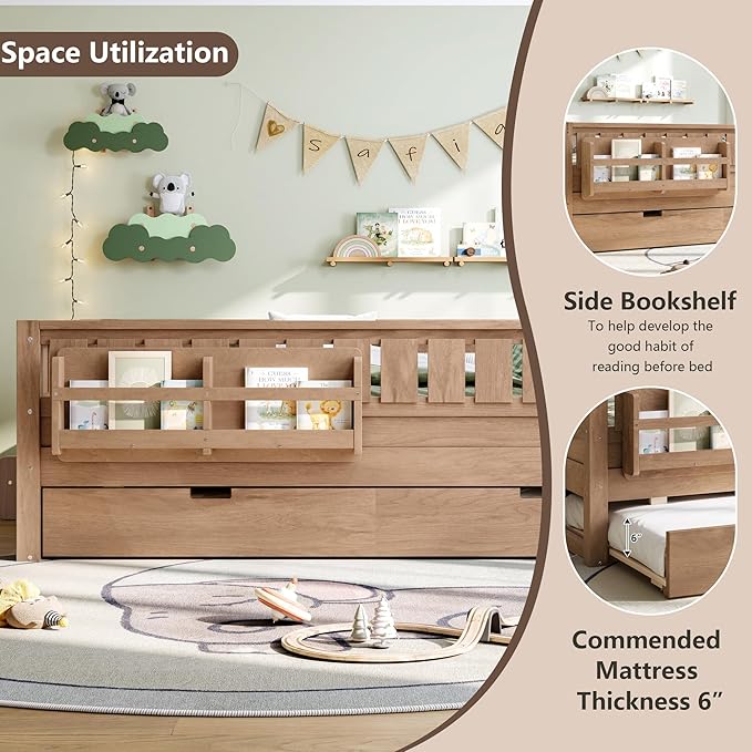 Bellemave Full Bed with Trundle and Stairs, Full Size Platform Bed Frame with Fence and Bookshelf, Easy Assemble Beds for Kids, Girls, Boys, Natural