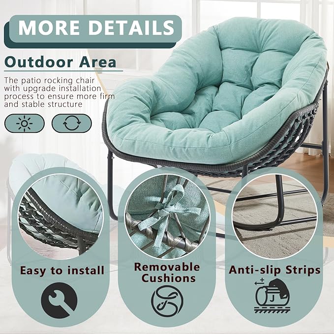 Oversized Outdoor Papasan Rocking Chair with Soft Cushion, Comfy Patio Egg Chair, Wicker Lounge Rocker for Balcony/Porch/Garden, Reinforced All Weather Rattan Frame, 330 lbs Support, Mint Green