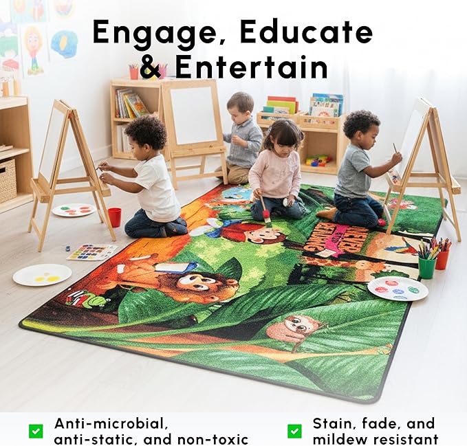 SAFECASTLE Kids Carpet Never Stop Reading Rug – 6'6" x 8'4" Educational Multicolored Nylon Area Rug with Books & Learning Design – Carpet for Kids, Toddlers, Classroom, Nursery, Playroom & Daycare