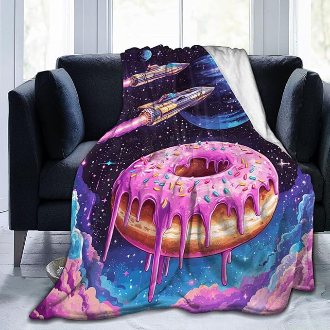 Donut Blanket Space Donut Decor Throw Blanket Super Soft Flannel Lightweight Fluffy Plush Cozy Fuzzy Fleece Food Blanket Gifts for Girl Boys Woman Man Kids Adults for Bed Sofa Couch 40"X50"