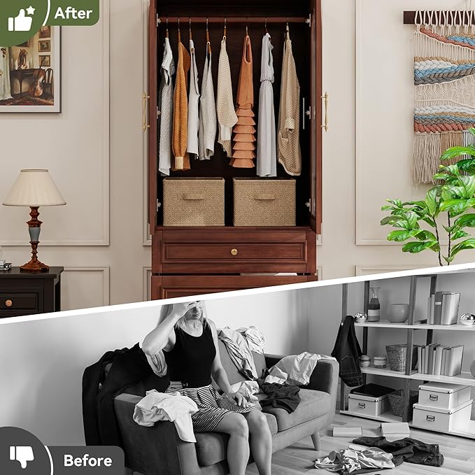 Solid Wood Wardrobe Closet:TemkTuek 70.87" Armoire,Clothing Storage Cabinet with Drawers,Doors,Hanging Railsand Shelves,Vintage Freestanding,Bedroom,Cherry Finish(21)